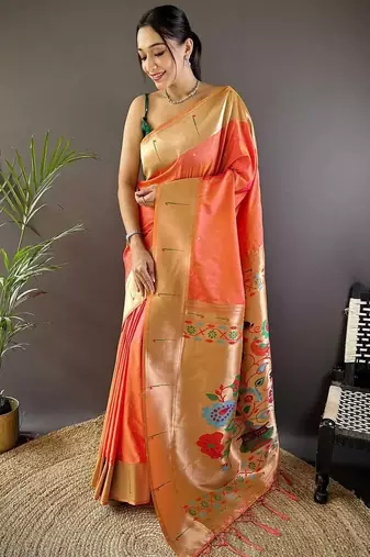 Peach soft silk paithani saree with unstitched blouse piece