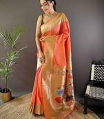 Peach soft silk paithani saree with unstitched blouse piece