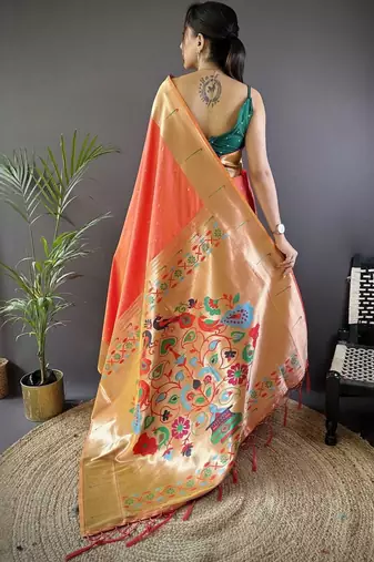 Peach soft silk paithani saree with unstitched blouse piece