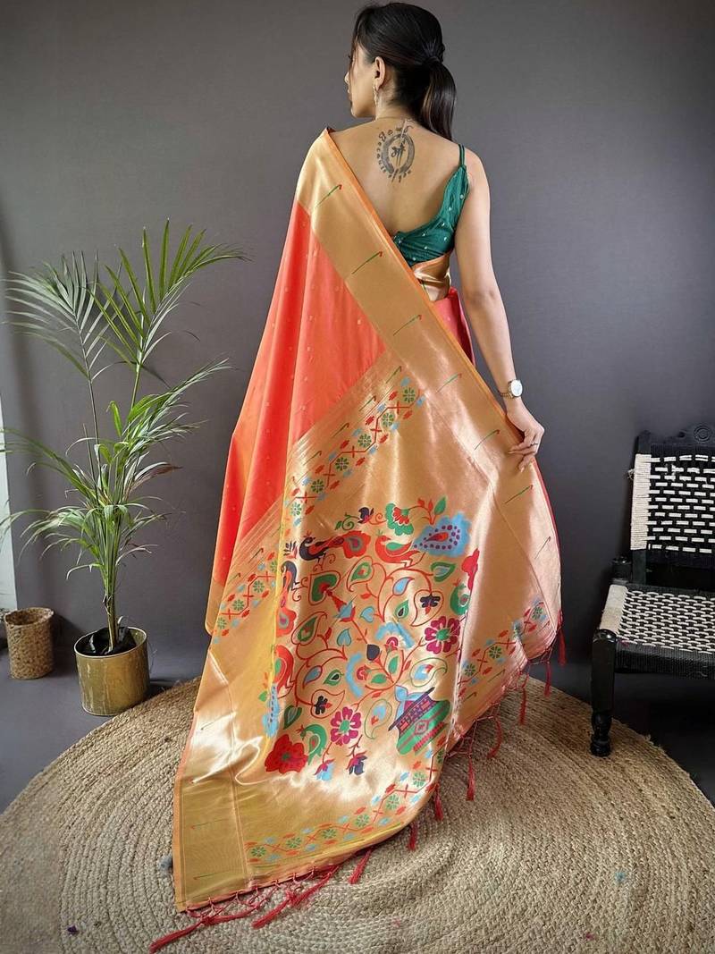 Peach soft silk paithani saree with unstitched blouse piece