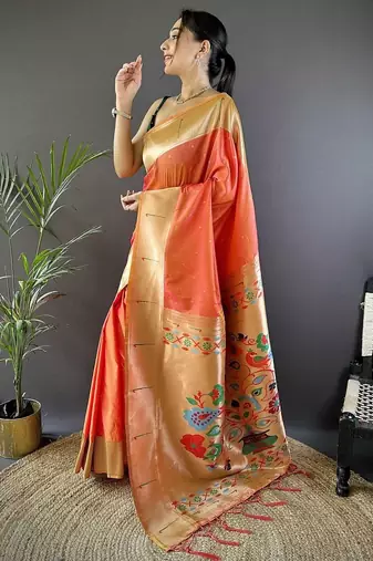 Peach soft silk paithani saree with unstitched blouse piece
