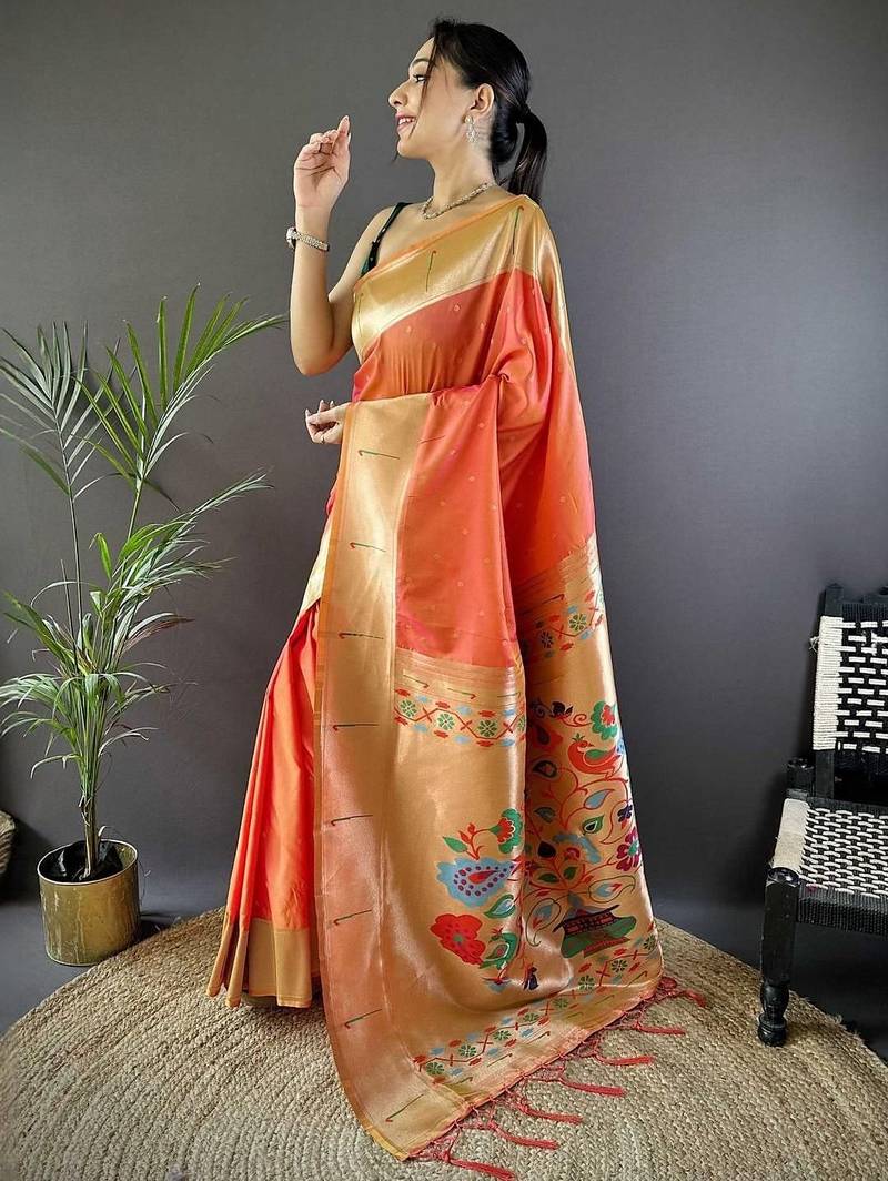 Peach soft silk paithani saree with unstitched blouse piece