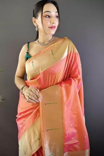 Peach soft silk paithani saree with unstitched blouse piece