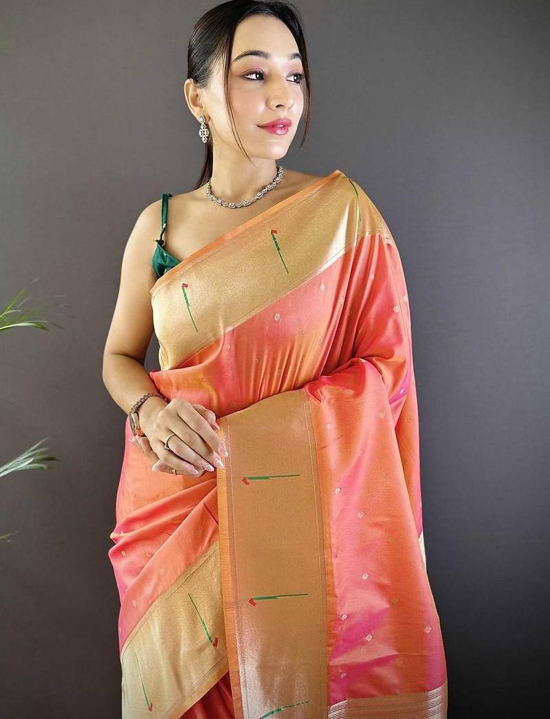 Peach soft silk paithani saree with unstitched blouse piece