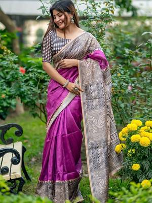 Purple silk blend tussar saree 1