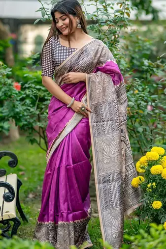 Purple silk blend tussar saree