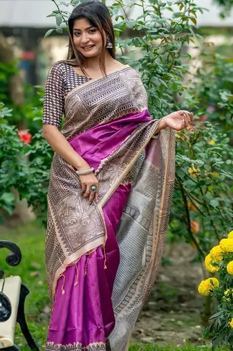 Purple silk blend tussar saree