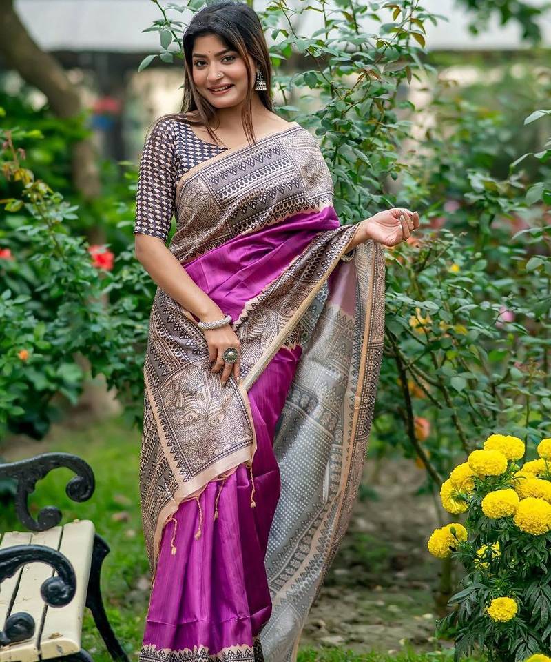 Purple silk blend tussar saree