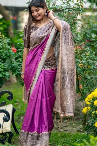 Purple silk blend tussar saree