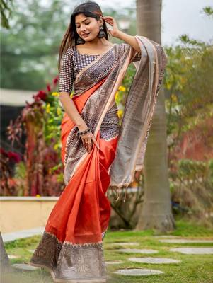 Orange ethnic motifs silk blend tussar saree 1