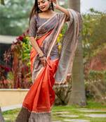 Orange ethnic motifs silk blend tussar saree