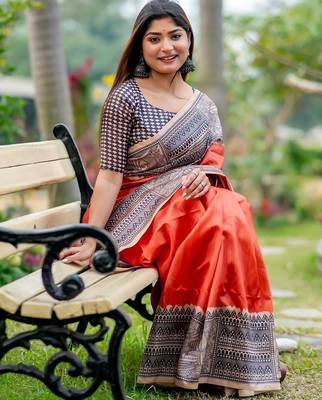 Orange ethnic motifs silk blend tussar saree 2