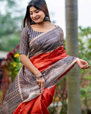Orange ethnic motifs silk blend tussar saree 3