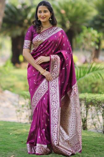 Purple burgundy soft banarasi silk zari weaving saree matching blouse piece