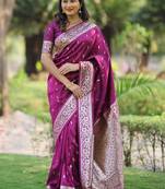 Purple burgundy soft banarasi silk zari weaving saree matching blouse piece