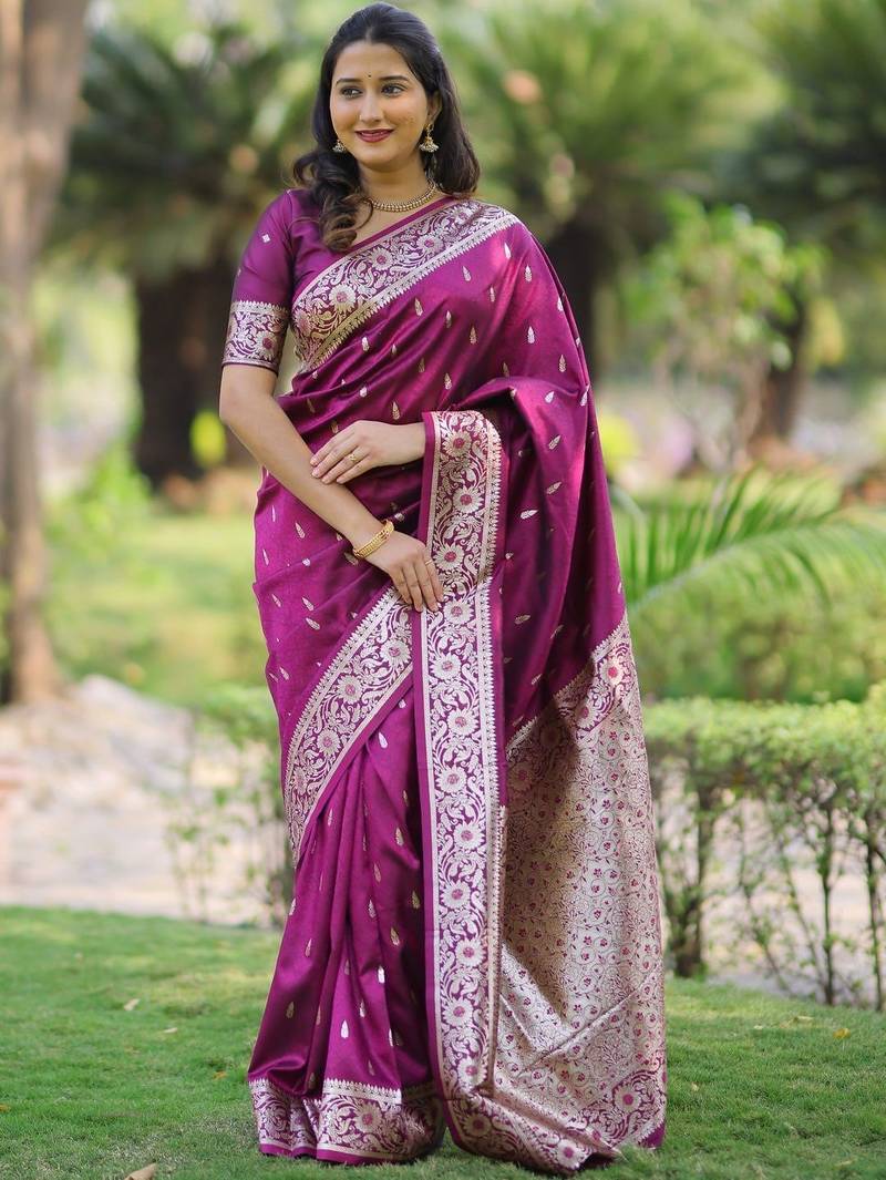 Purple burgundy soft banarasi silk zari weaving saree matching blouse piece