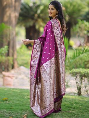 Purple burgundy soft banarasi silk zari weaving saree matching blouse piece 2