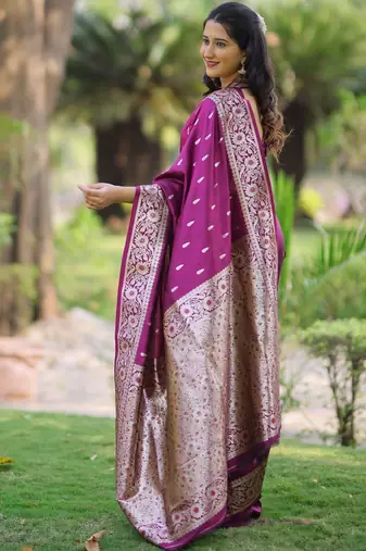 Purple burgundy soft banarasi silk zari weaving saree matching blouse piece