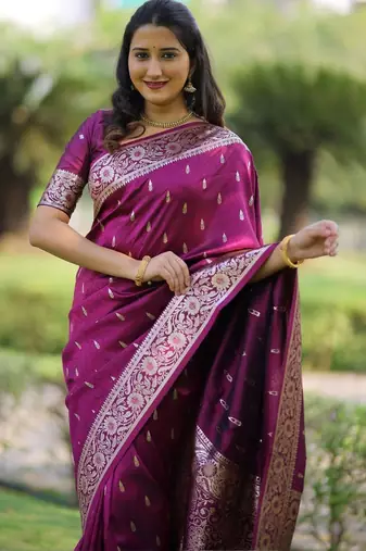 Purple burgundy soft banarasi silk zari weaving saree matching blouse piece