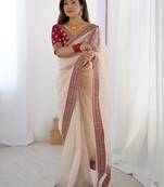 Peach embroidered net banarasi saree