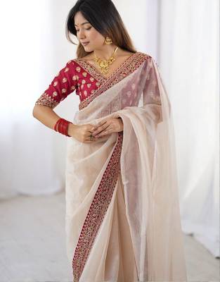 Peach embroidered net banarasi saree 2