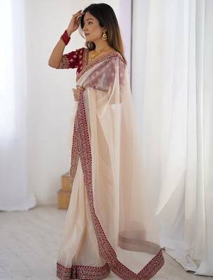 Peach embroidered net banarasi saree 3
