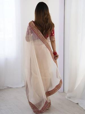 Peach embroidered net banarasi saree 4