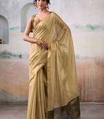 Beige colourblocked zari tissue saree with contrast blouse piece