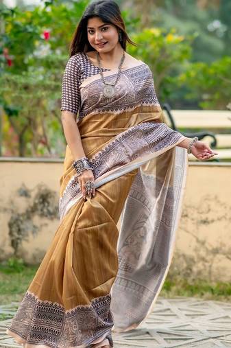 Beige printed tussar saree