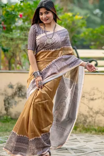 Beige printed tussar saree