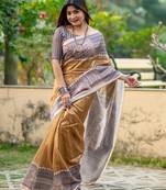 Beige printed tussar saree