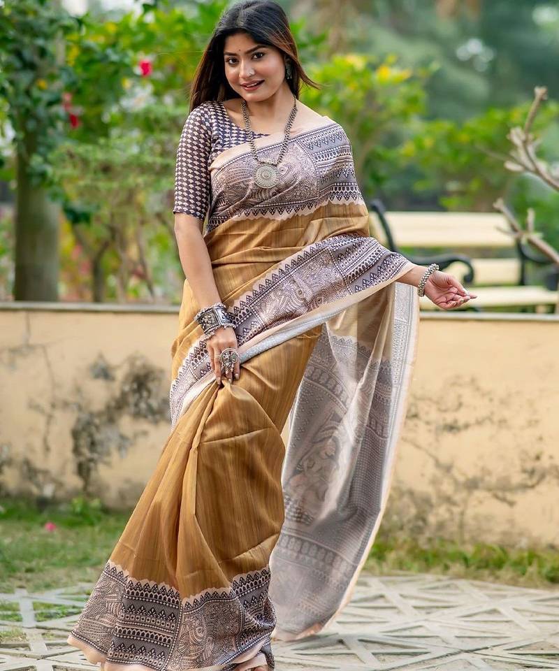 Beige printed tussar saree