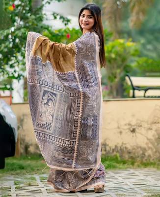 Beige printed tussar saree 2