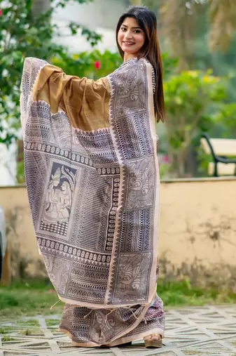 Beige printed tussar saree