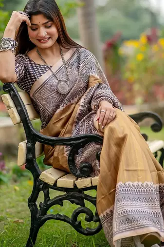 Beige printed tussar saree