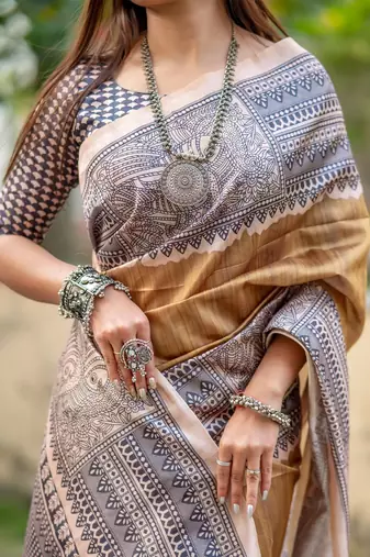 Beige printed tussar saree