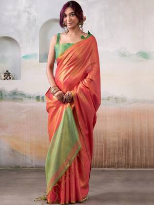 Peach colourblocked tissue zari weaving saree with contrast blouse piece 1