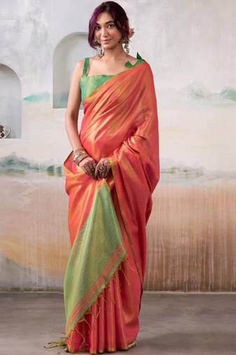 Peach colourblocked tissue zari weaving saree with contrast blouse piece