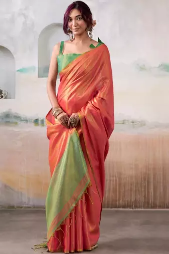 Peach colourblocked tissue zari weaving saree with contrast blouse piece