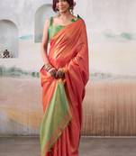 Peach colourblocked tissue zari weaving saree with contrast blouse piece