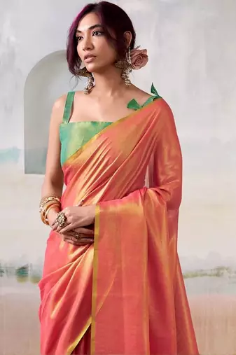 Peach colourblocked tissue zari weaving saree with contrast blouse piece
