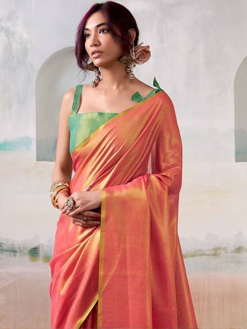 Peach colourblocked tissue zari weaving saree with contrast blouse piece