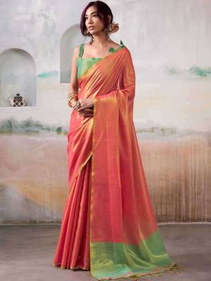 Peach colourblocked tissue zari weaving saree with contrast blouse piece 3