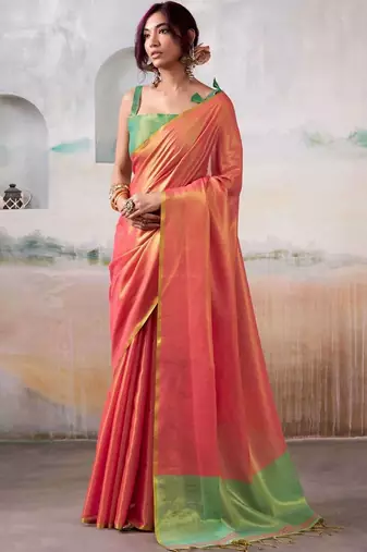 Peach colourblocked tissue zari weaving saree with contrast blouse piece