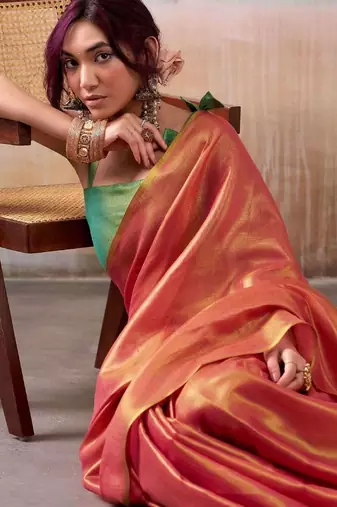 Peach colourblocked tissue zari weaving saree with contrast blouse piece