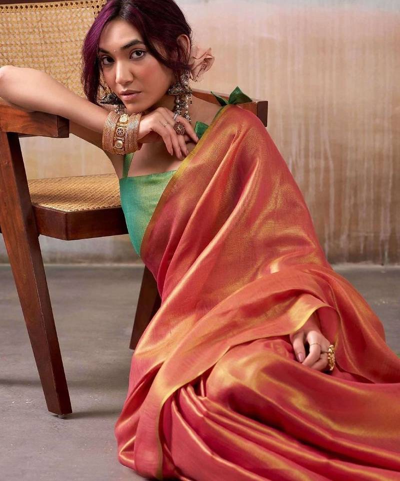Peach colourblocked tissue zari weaving saree with contrast blouse piece