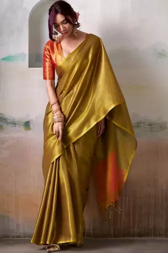 Gold gold tissue silk zari weaving saree with contrast blouse piece