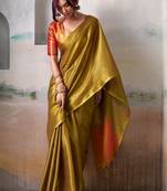 Gold gold tissue silk zari weaving saree with contrast blouse piece