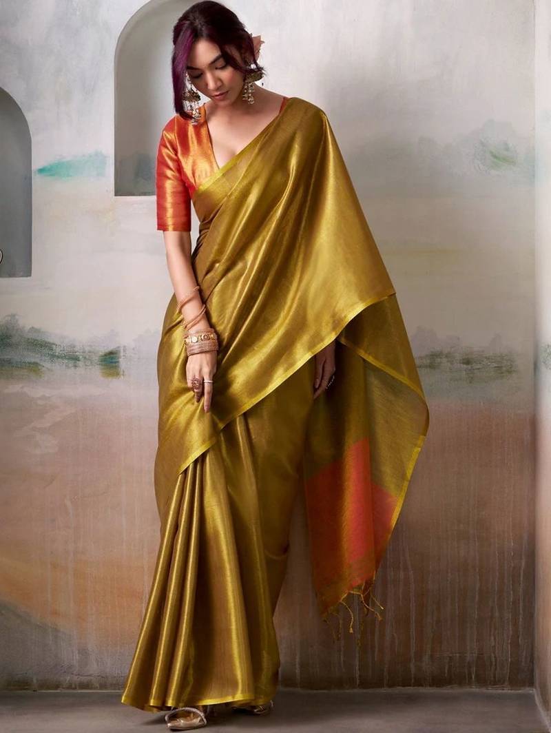 Gold gold tissue silk zari weaving saree with contrast blouse piece