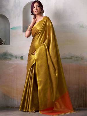 Gold gold tissue silk zari weaving saree with contrast blouse piece 2